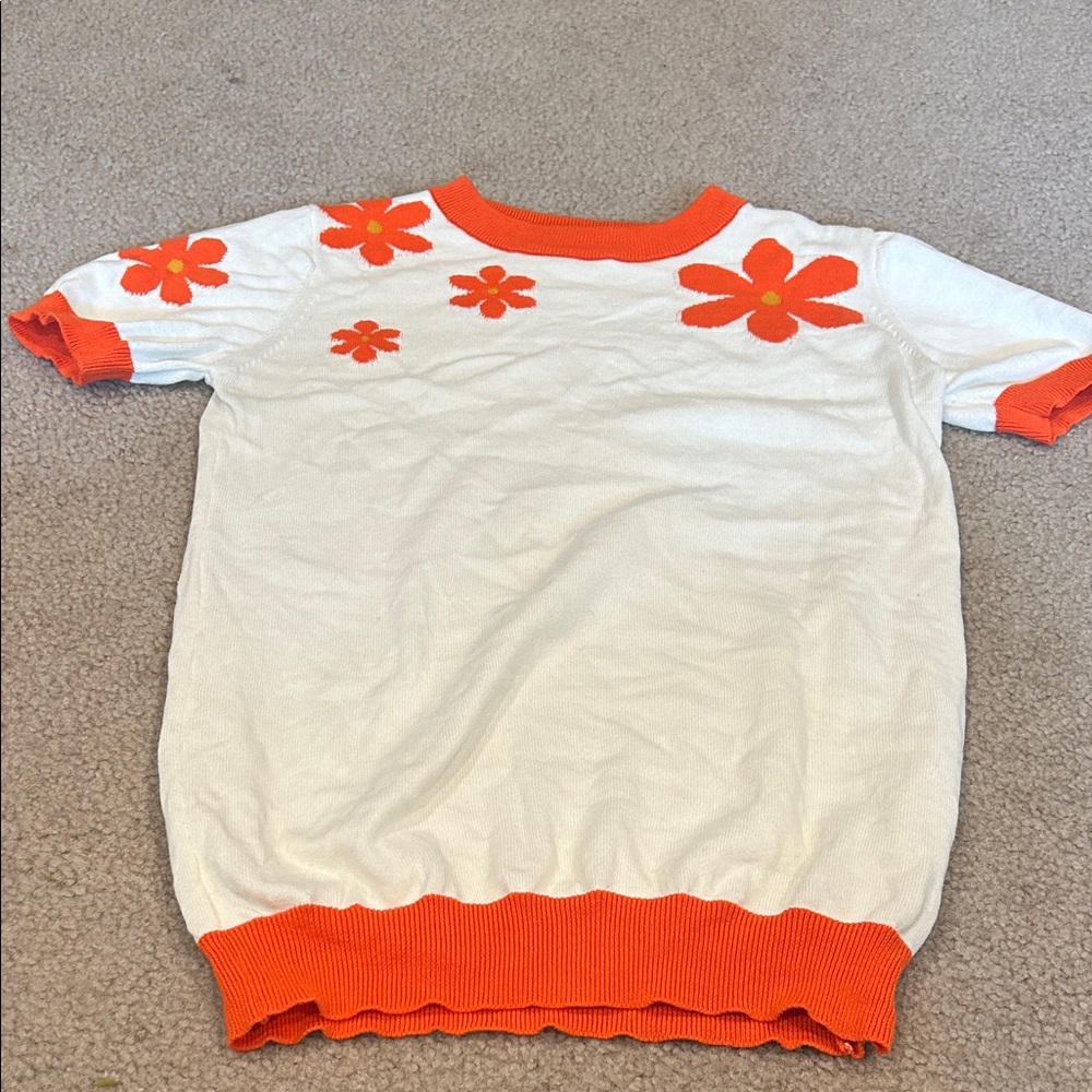Women's White Short-Sleeve Tee with Orange Floral Trim